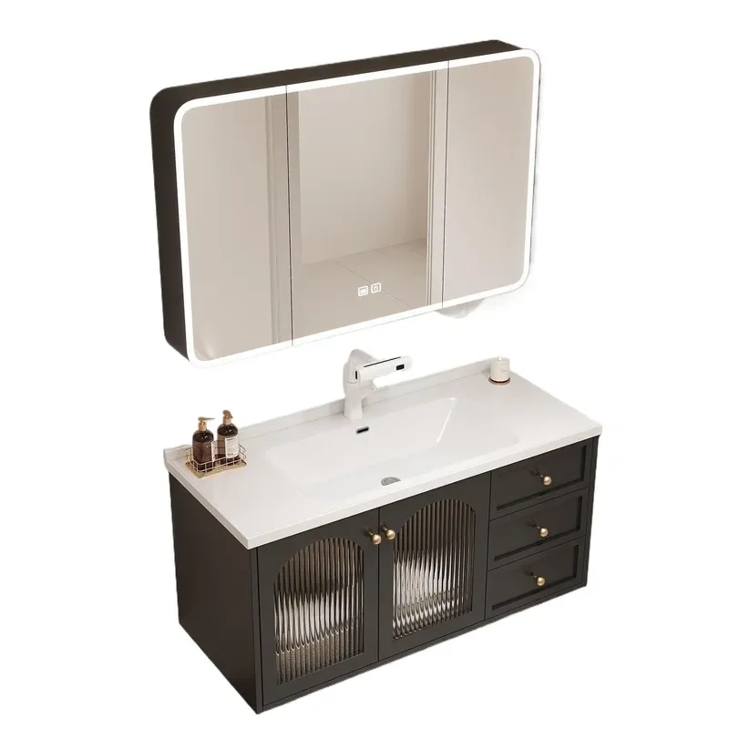 Rubber Wood Bathroom Vanity with Ceramic Integrated Sink Pastoral Style Washbasin Cabinet for Modern Home Decor