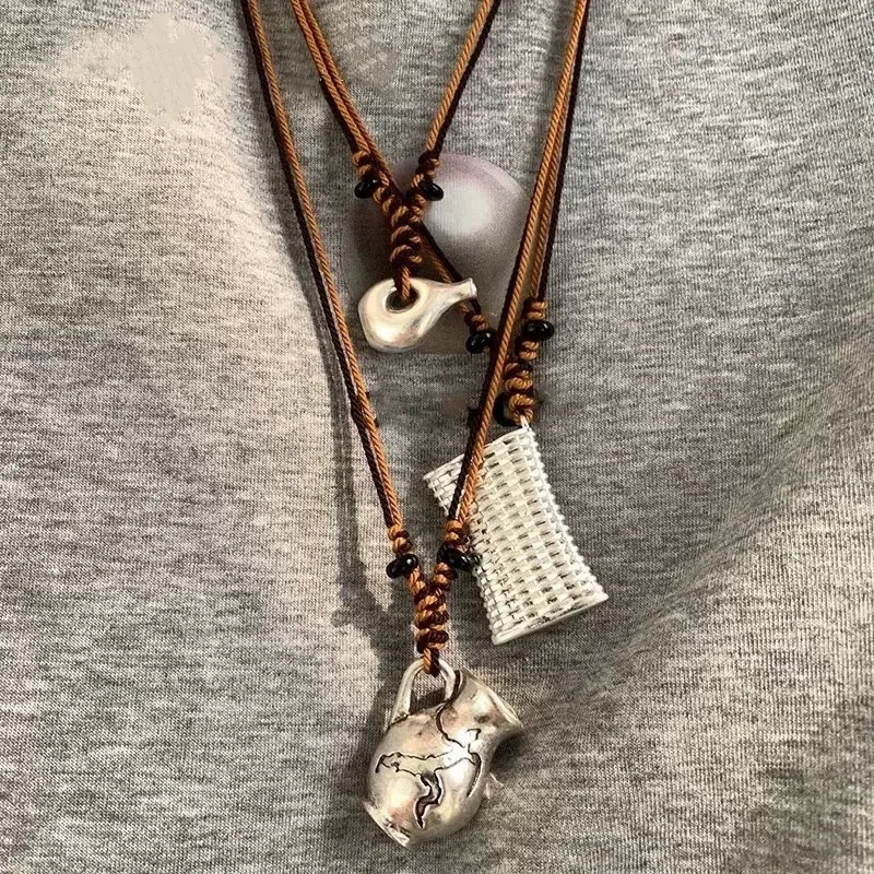 Vintage Fashion Woven Basket Wine Pot Necklace for Women's Niche Nomadic style Vacation Exquisite All-match Long Sweater Chain