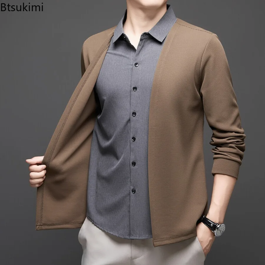 Spring Autumn New Men's Casual Long Sleeve Shirts Fashion Fake Two Piece Design Men Comfortable Outdoor Cardigans Versatile Tops