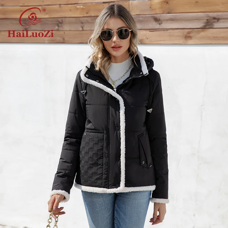 HaiLuoZi 2023 New Design Spring Women Jacket With Fur High-quality Short Female Outwear Hooded Zipper Stylish Women's Coat 3320