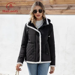 HaiLuoZi 2023 New Design Spring Women Jacket With Fur High-quality Short Female Outwear Hooded Zipper Stylish Women's Coat 3320