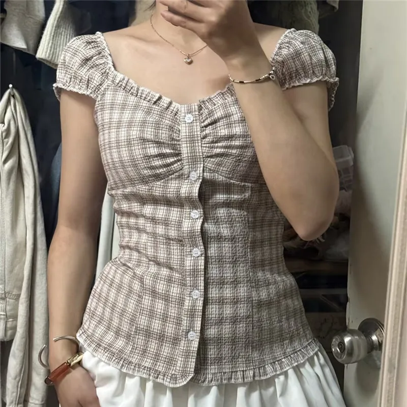 Women Cute Babydoll Puff Sleeve Lettuce Trim Top Coquette Slim Fit Button Front Smocked Back Baby Tee Y2k Going Out Top