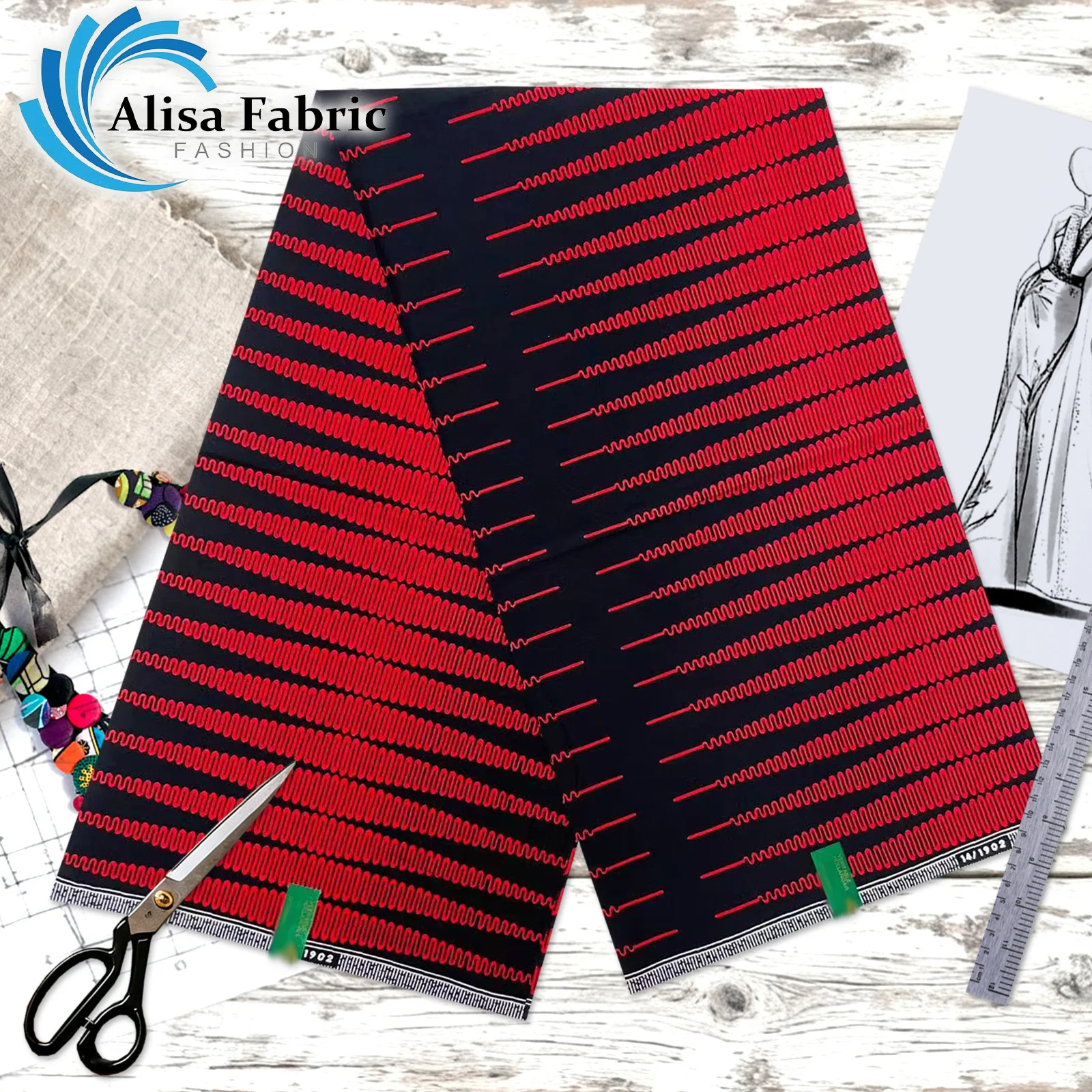 

2025 New style hollandais African wax print fabric 100% cotton 6 yards tissus couture for wedding decoration, Red & Black