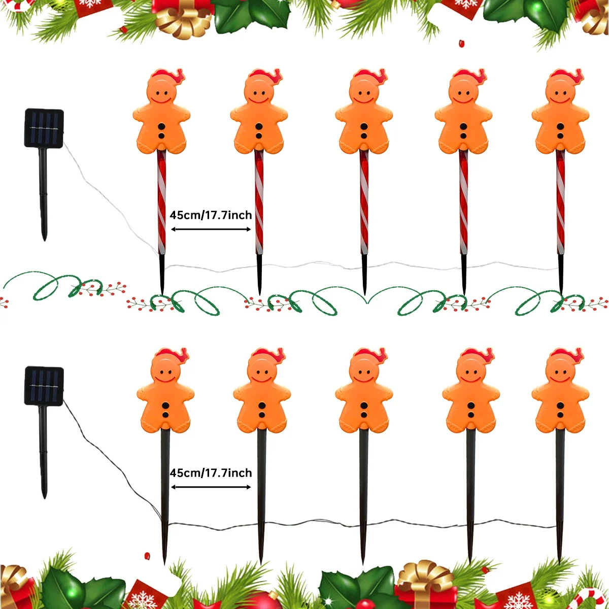 5pcs/set Christmas Solar Gingerbread Man Stake Lights Solar Powered Pathway Lamps 8 Modes For Patio Path Festive Christmas Decor