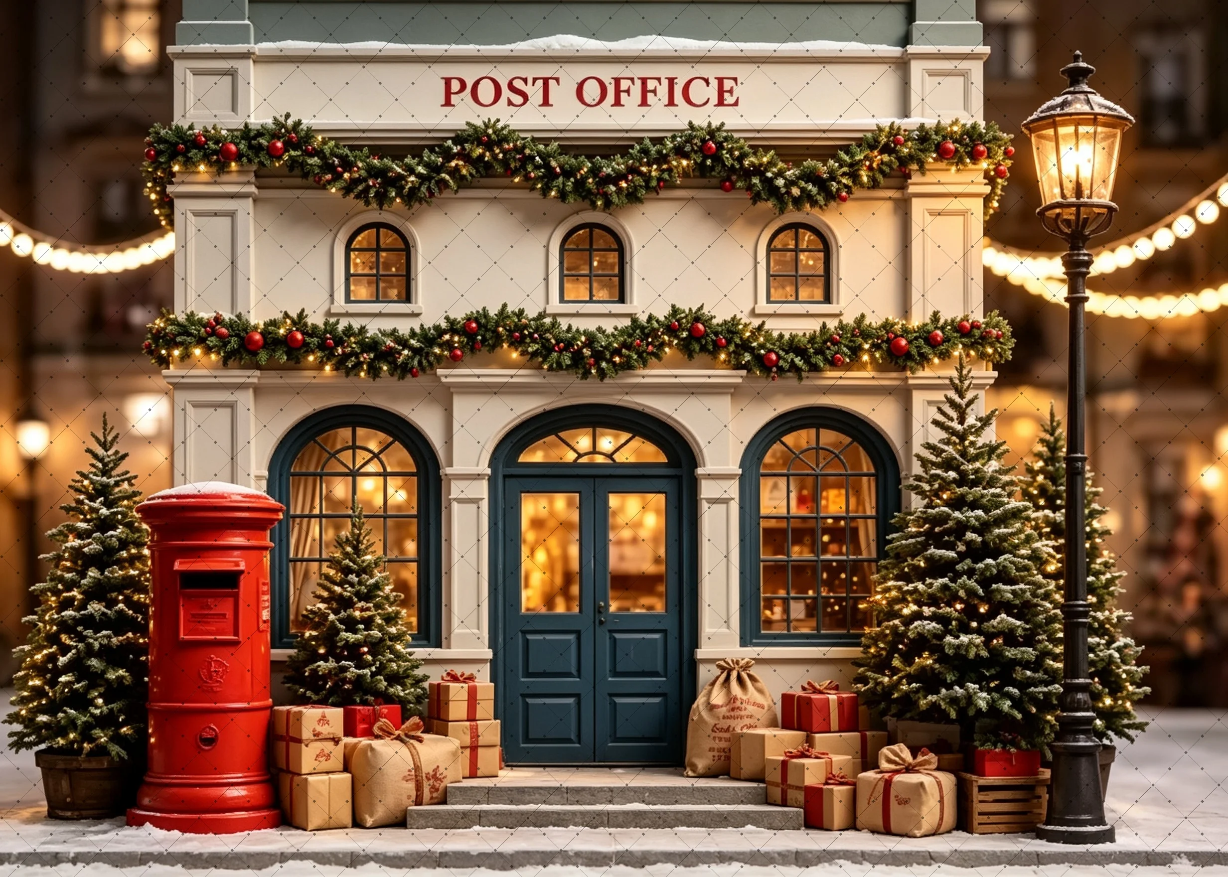 Christmas Post Office Photo Backdrop Red Mailbox Garland Xmas Tree Gift Lamp Family Portrait Holiday Shoot Background Decor