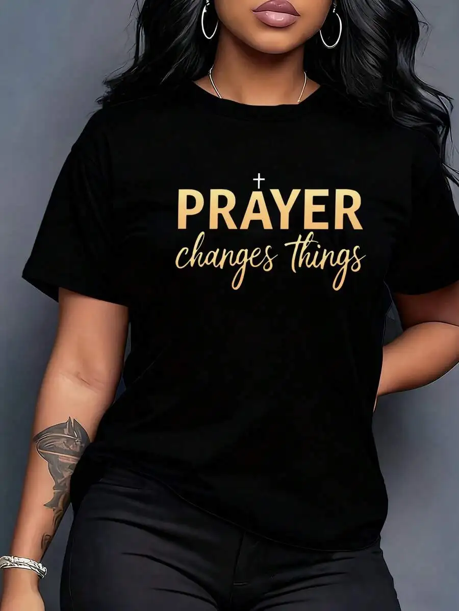 Women's Black And Gold Crew Neck Short‑Sleeve Christian T‑Shirt, Bible Verse God Graphic Print, Fashion New Arrival, Summer Casual Streetwear Church Daily Top