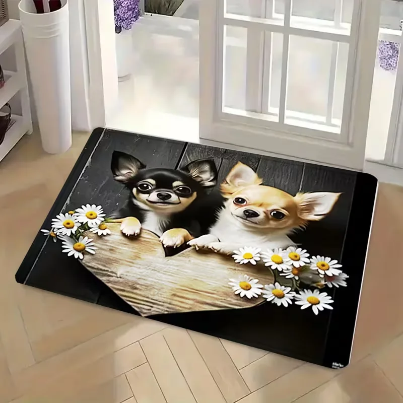 Chihuahua Dog and Daisy Print Doormat Cute Puppy Floral Design Non Slip Floor Mat for Pet Lovers Home