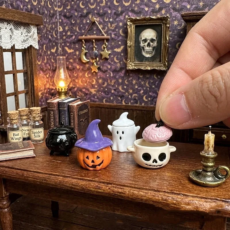 1/12 Dollhouse Halloween Ornament Mini Pumpkin Ghost Pot Witch Hat Cauldron Miniature Kitchen Scene Decor for Doll Accessories