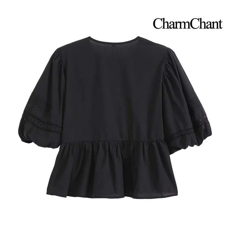 CHARMCHANT Women's Embroidery Puff Half Sleeve Peplum Blouse Button Front Cropped Cotton Shirt Vintage Casual Top Spring 2026