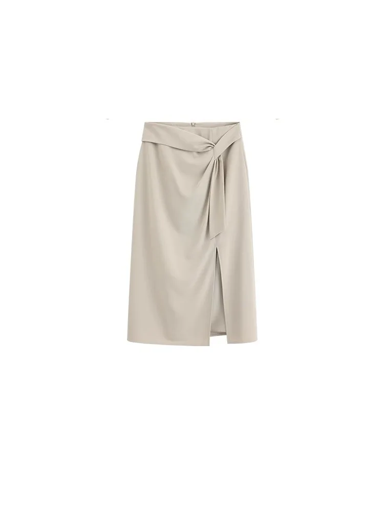 Falda caqui informal elegante, falda Midi con abertura lateral de cintura alta para mujer, falda holgada minimalista de Color sólido con lazo en la cintura para oficina Chic