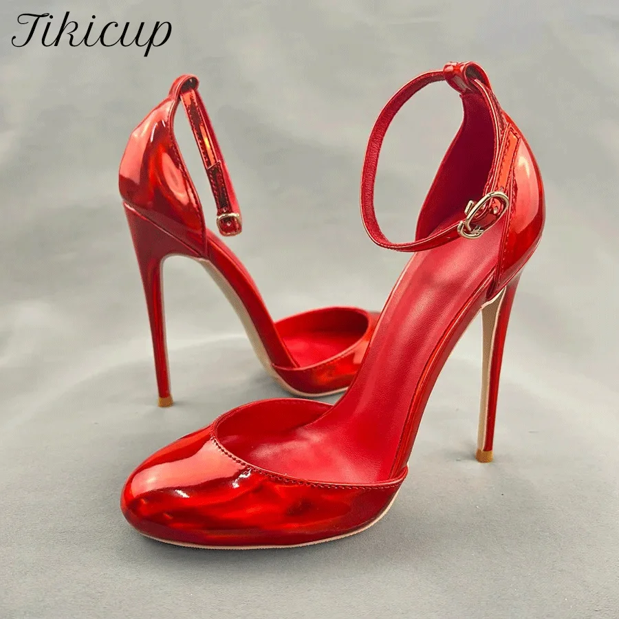 Tikicup Shiny Red 12cm High Heels Cute Mary Jane Designer Ankle Strap Glossy Patent Stilettos Round toe Comfort Pumps for Party
