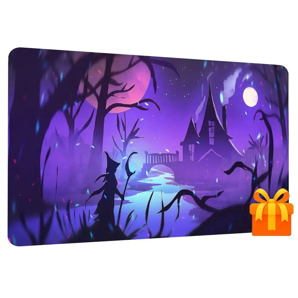 Purple Witch Castle Forest Night Scene Large Gaming Mouse Pad Non Slip Rubber Base Desk Mat Table Protector for Game Office