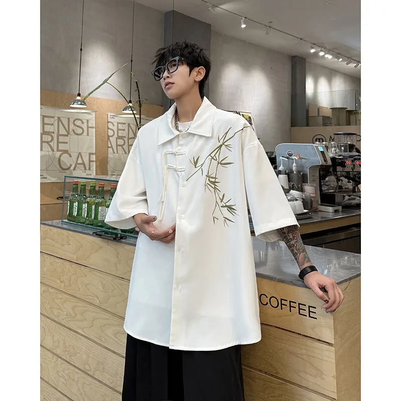 Men's Lightweight Breathable Bamboo Embroidered Shirt Casual Elegance Top with Traditional Chinese Frog Buttons for Summer