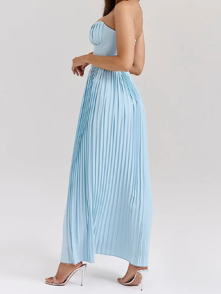 Elegant Women Wrap Chest Pleated Evening Dresses Chic Off Shoulder Sleeveless Slim Fit Maxi Dress Summer Lady Formal Party Dress