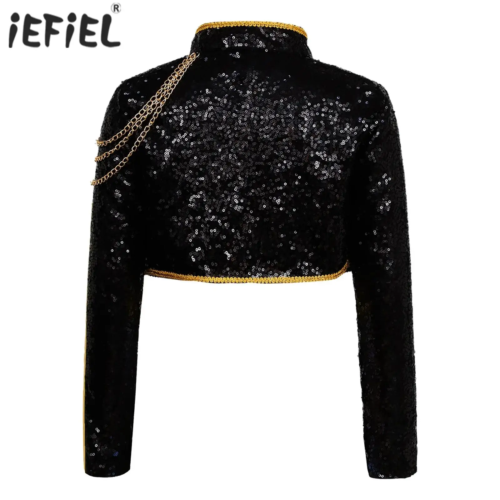 Kids Girls Singer Cosplay Costumes Long Sleeve Stand Collar Braided Trimming Shiny Sequins Outerwear Jacket Decor with Chains