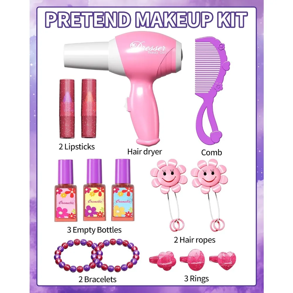 مجموعة مكياج للفتيات مع مرآة وكرسي وأضواء وموسيقى - طاولة تلبيس للأطفال الصغار من عمر 3-5 سنوات