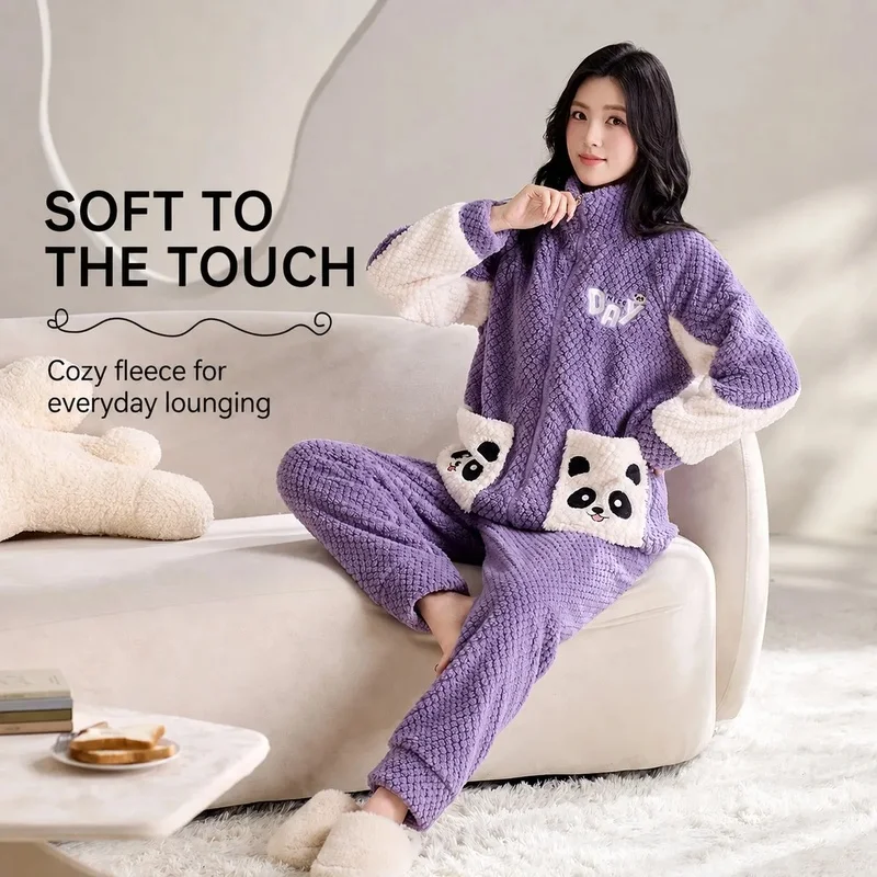 Women's Purple Coral Fleece Pajama Set, Zip Front Stand Collar Top with Panda Pockets and Long Pants