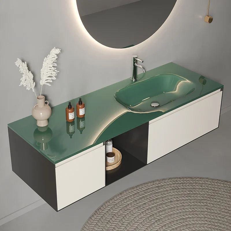 Green wash basin simple glass wall-mounted integrated basin thin edge washbasin hanging washing table customization