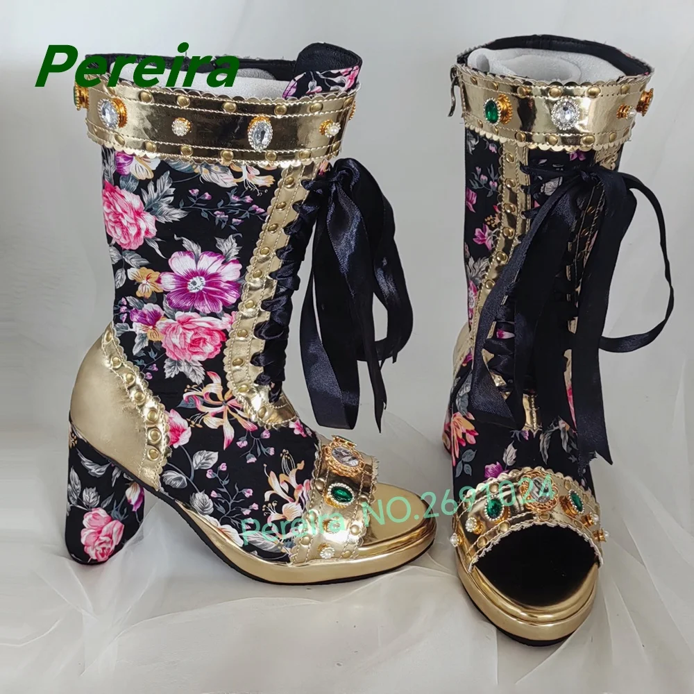 Floral Print Open Toe Mid Calf Boots Metallic Trim Rhinestone Block Heel Lace Up Patchwork Luxury Shoes Gemstone Runway Shoes