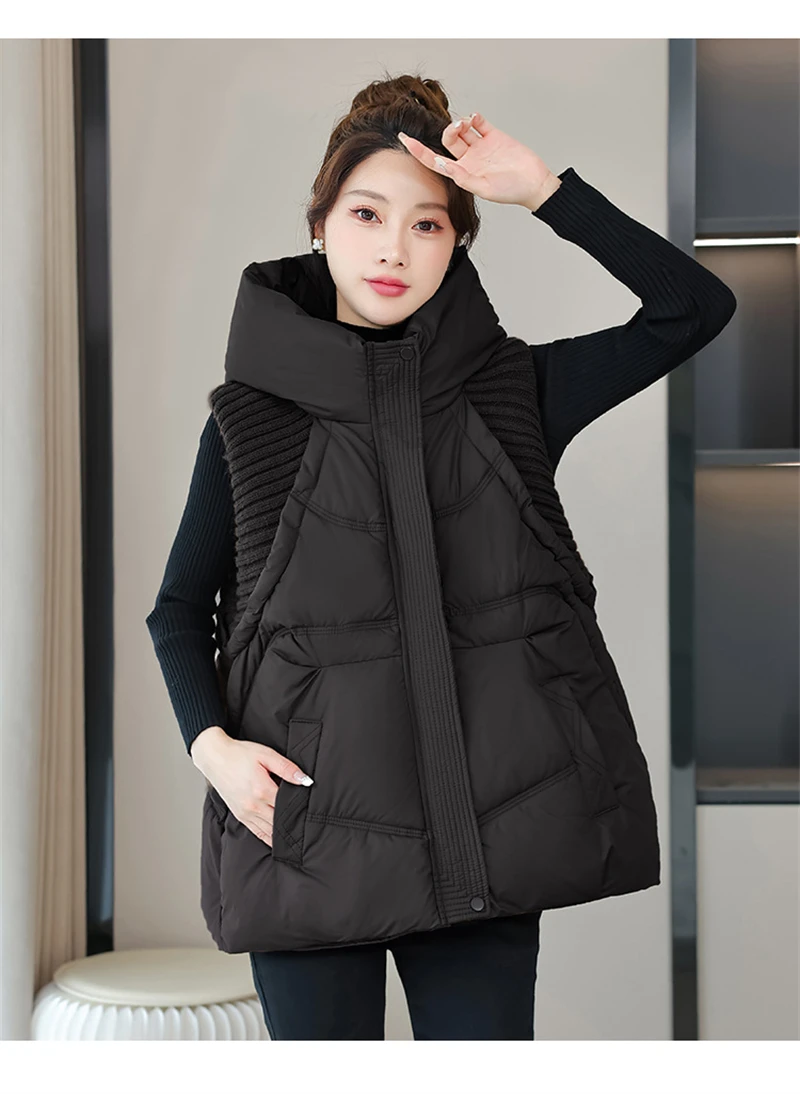 A-word Vest Down Cotton Padded Jackets Short Waistcoat Mid-Length Slim Hooded Autumn Winter Jackets Solid Women's Coats Trend
