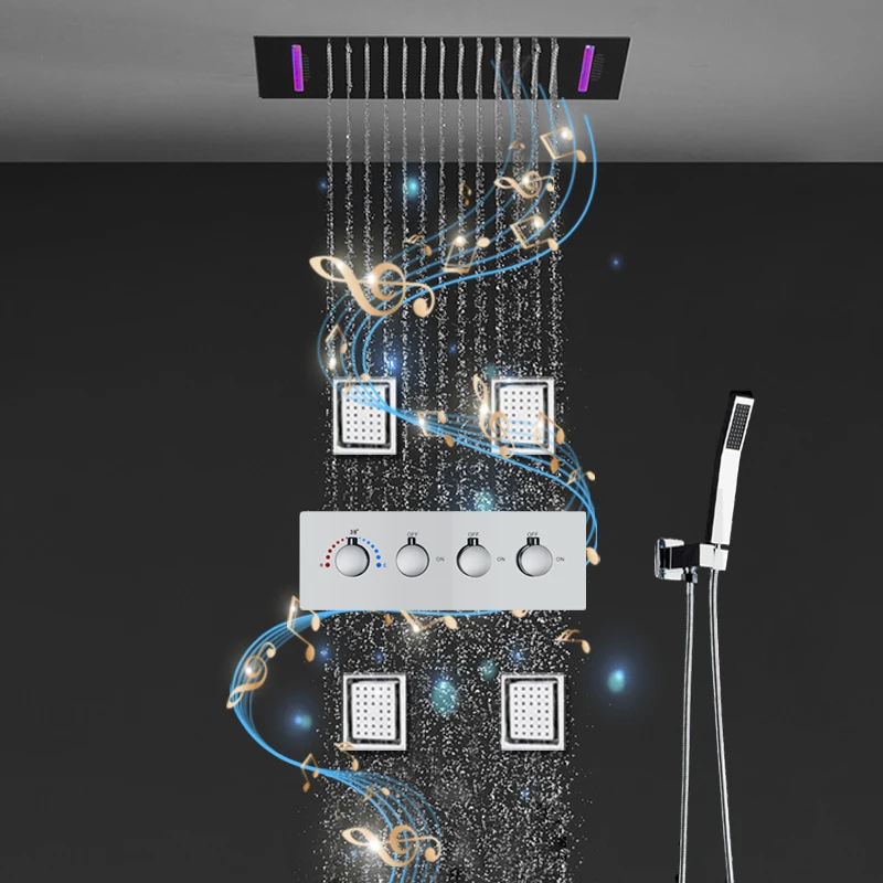 Music LED Rain Showerhead Set Massage 4'' body jets Thermostatic 3 ways Diverter Valve chrome surface