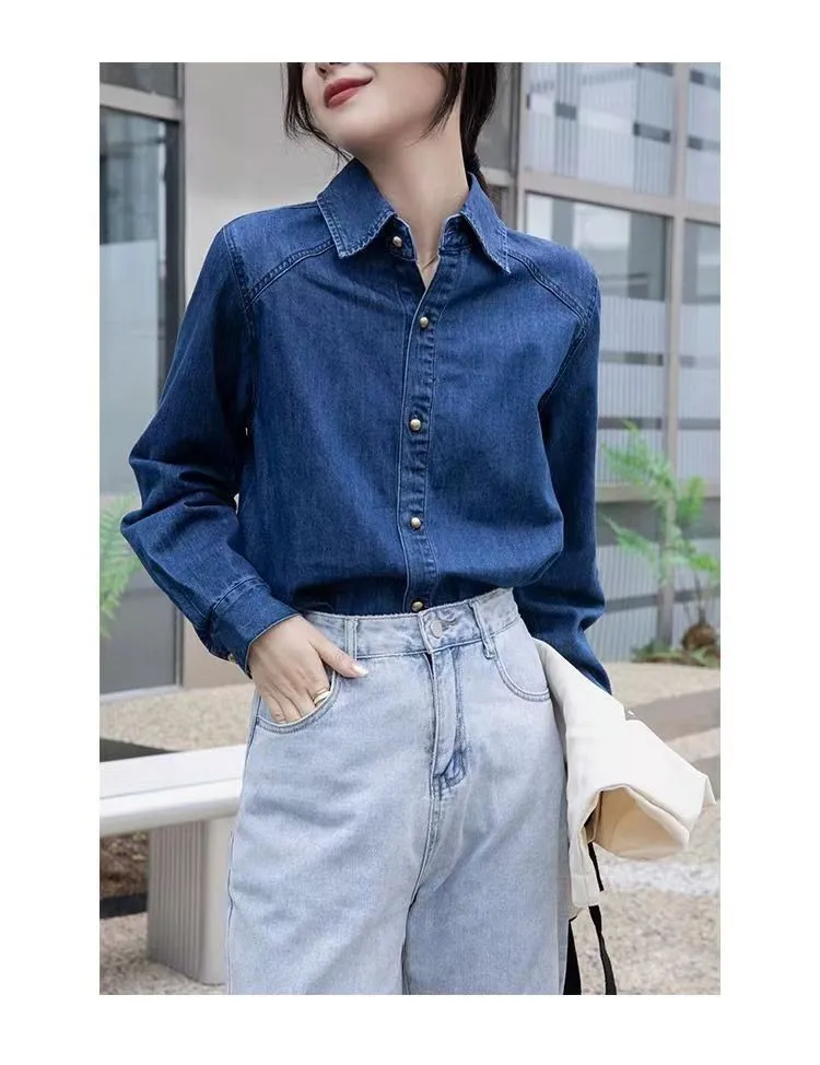 

Blue vintage denim shirt for women 2023 Fall/winter new inside overlapping wear lapel style denim coat shirt