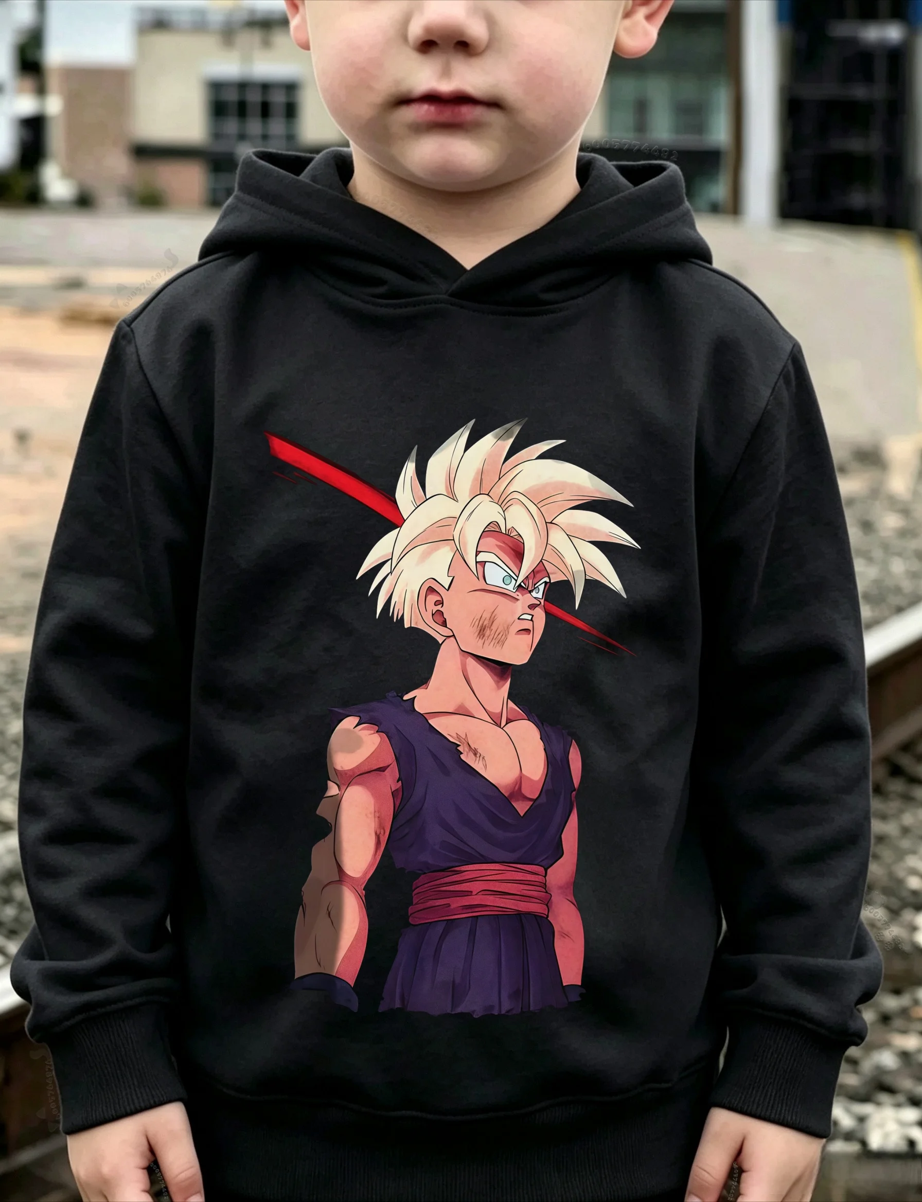 Latest model Children Anime Hoodie Battle‑Scarred Gohan Graphic Print Loose Casual Pullover Hooded Sweatshirt