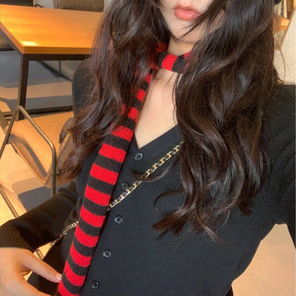 Harajuku Punk Y2k Knitted Narrow Long Scarf Fashion Grey Red Black Striped Scarves Choker Women Warm Scarf Shawl Streetwear 2024