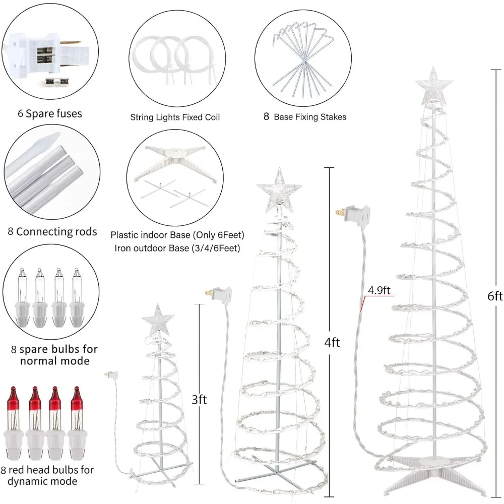 Un Set di luci natalizie per esterni A 3 spirale, luci natalizie da 3/4/6 piedi con luci per alberi A spirale pieghevoli A LED da 7 pollici