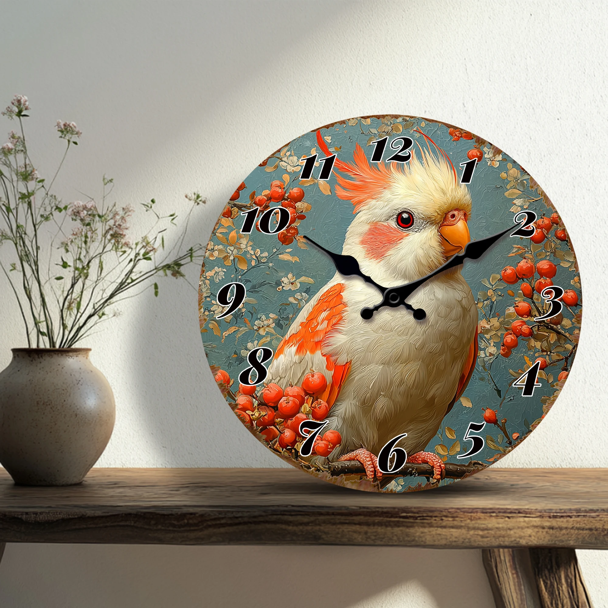 Cockatoo with Berries Wall Clock - Tropical Bird Garden Decor, Colorful Nature Lover Home Art Clock