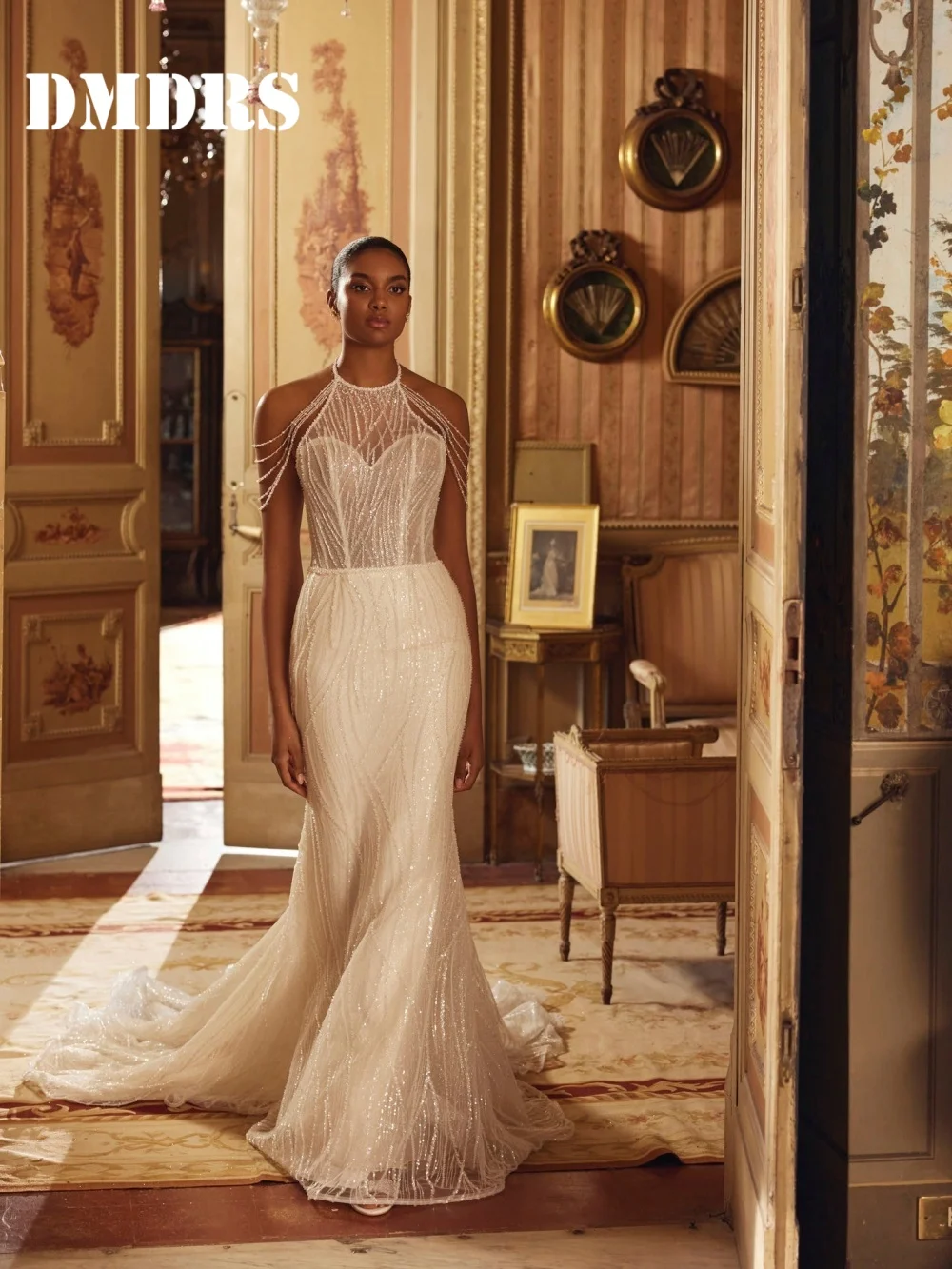 

Luxurious Pearl Wedding Dresses Charming Sleeveless Bridal Gowns Formal Mermaid Floor-Length Wedding Gowns Vestidos De Novia