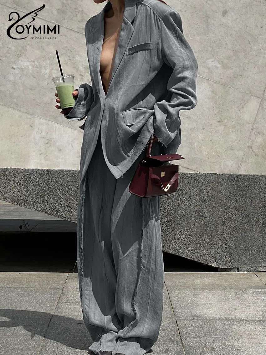Oymimi Fashion Grey Tence Sets For Women 2 Pieces Casual Long Sleeve Pockets Single Button Shirts And Straight Trousers Sets