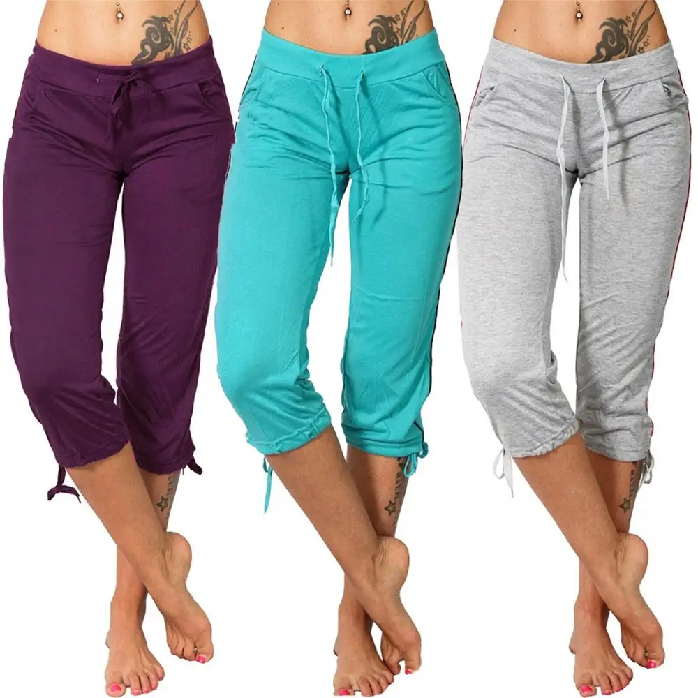 

Women Solid Color Mid Rise Pockets Drawstring Slim Pants Cropped Trousers Yoga Pants Female Short pants Summer Sweatpants