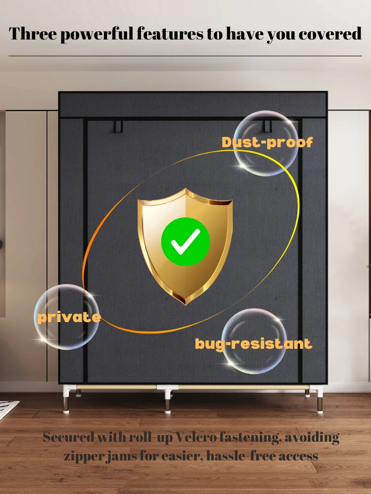 Armoire de chambre à coucher renforcée améliorée, assemblage facile avec 6 étagères et 1 cadre en acier à tige suspendue, placards portables