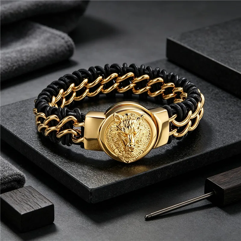 Mens Black Braided Leather Coin Wolf Charm Bangle Bracelet Stainless Steel Animal Heads Gothic Punk Rock Jewelry