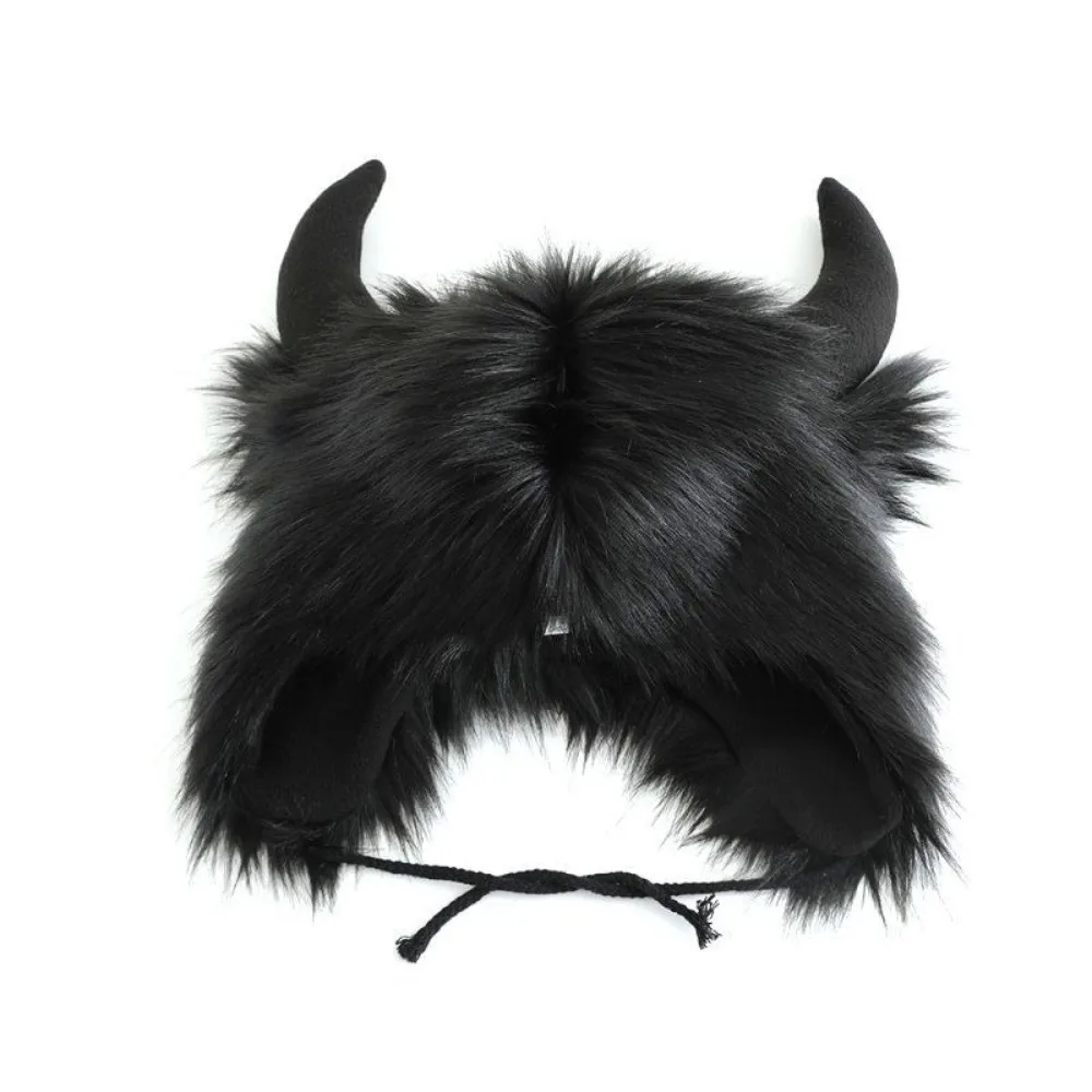 Fashion Solid Color Ox Horn Hat Fur Trim Fluffy Demon Ear Protection Hat Thermal Thickened Winter Pullover Cap Men