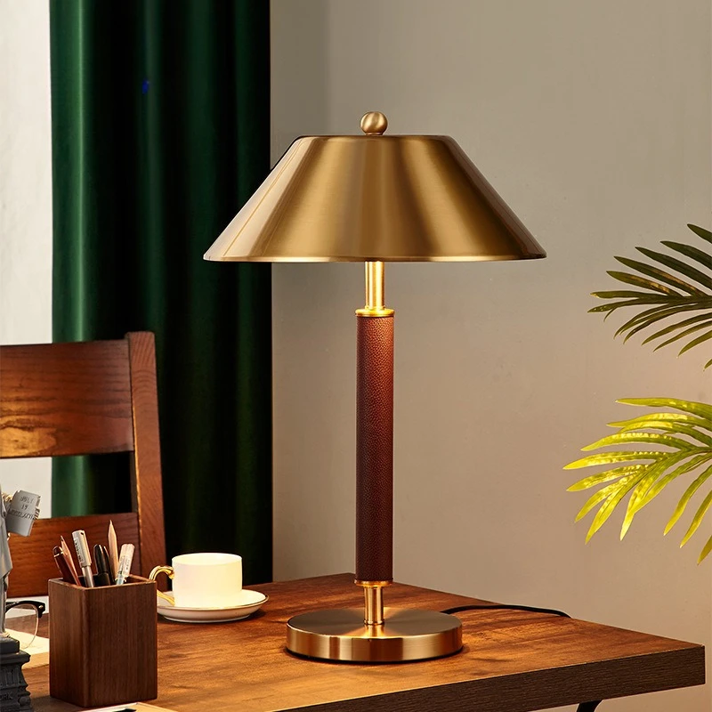 Brass Gold Leather Table Lamps Modern Retro Conical Shade Nordic Mid Century Bedroom Bedside Office Study Decoration Desk Lights