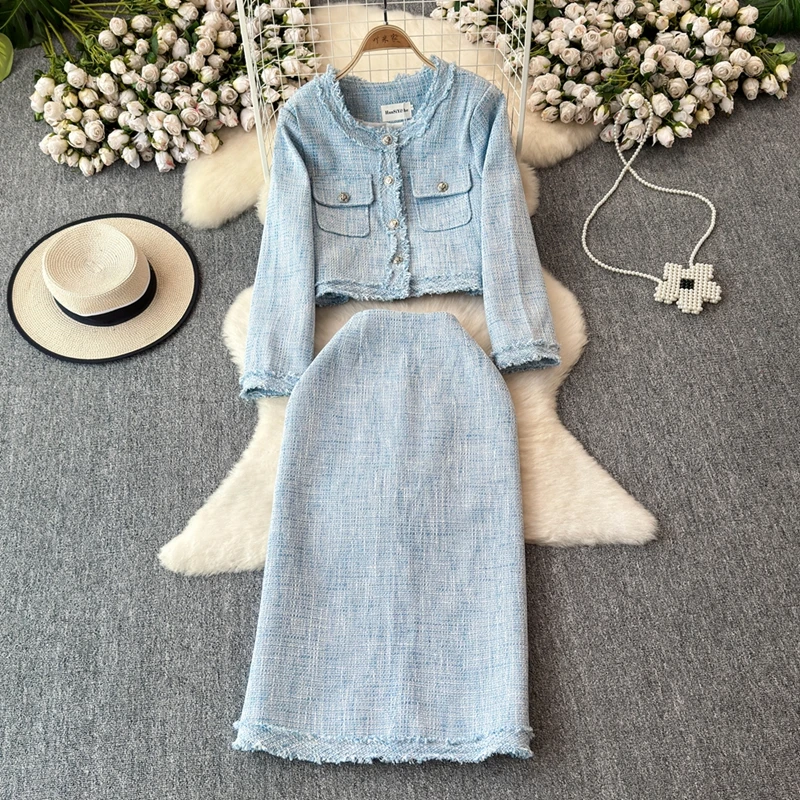 

Autumn And Winter Small Fragrance Two Piece Skirt Set Socialite Elegant Coarse Woolen Coat+ High Waist Hip Hugging Skirt