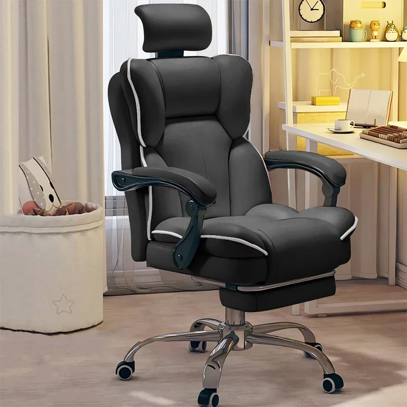 Ergonomischer Bürostuhl mit hoher Rückenlehne, verstellbarer Lendenwirbelstütze, ausziehbarer Fußstütze und Liegefunktion für den Heim- oder Bürogebrauch.