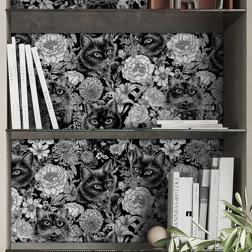 ورق جدران ذاتي اللصق على شكل زهور قطة باللونين الأسود والأبيض من مودي القوطي لداخل الأكاديمية الداكنة