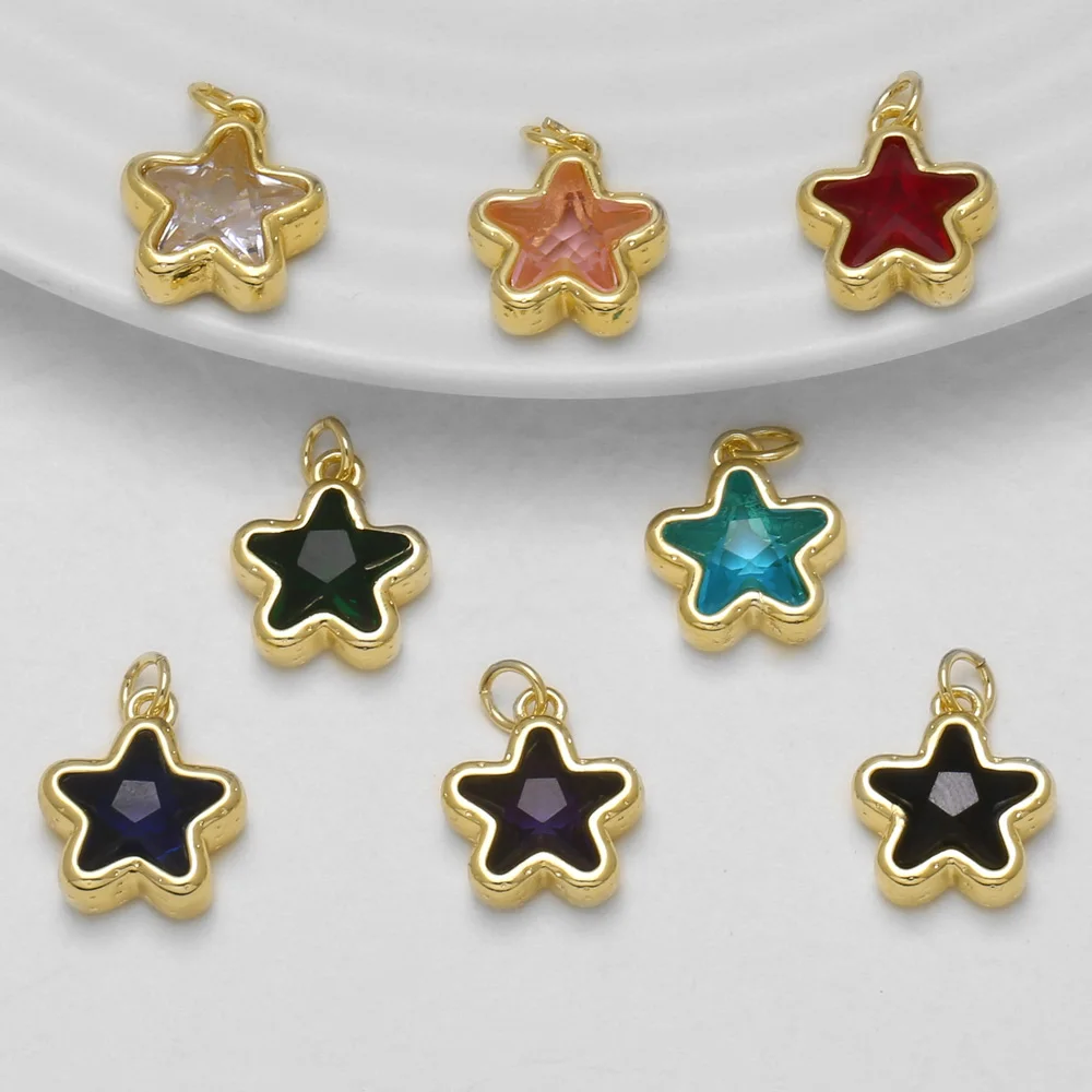 OCESRIO Color Zircon Star Pendant Gold Plated Brass Faceted Star Bead Charm for DIY Necklace Jewelry Making Supplies pdtc059