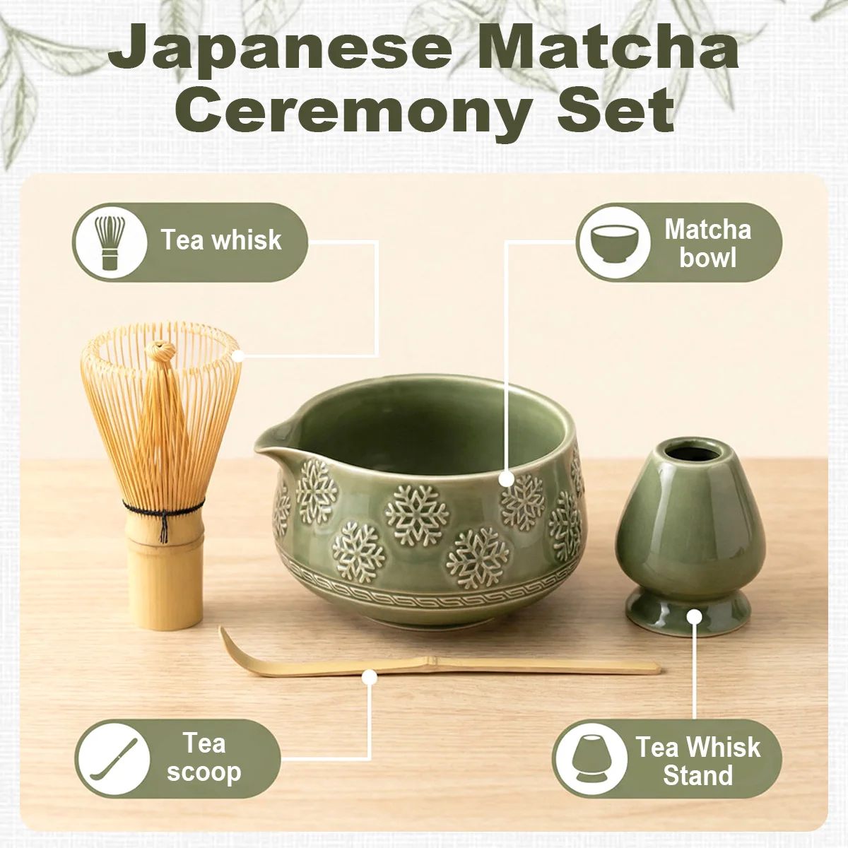 Matcha Whisk Set - 5Pcs Snowflake Matcha Set Includes 18.5oz/550ml Chawan with Spout, Bamboo Chasen Whisk with Ceramic Holder