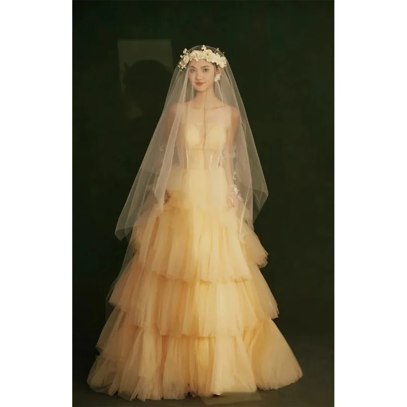 

Yellow Light Wedding Dress Fluffy Colorful Yarn Sexy Tube Top Sleeveless Fluffy Princess Dresses Formal Dress Women Elegant 2025