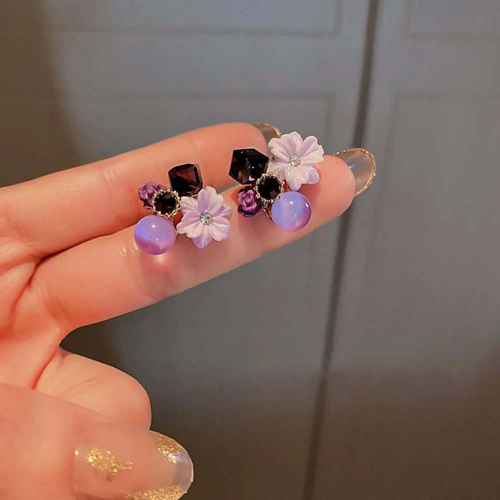 Purple Crystal Flower Stud Earrings for Woman Korean Style Fashion Jewelry Elegance Temperament Y2k Accessories Lovely gentle