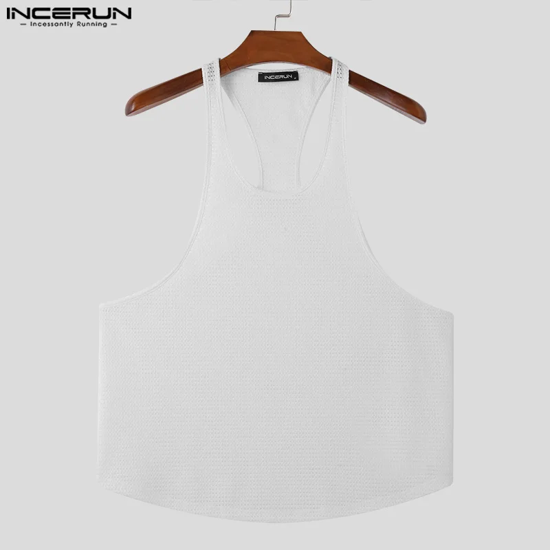 INCERUN Men Tank Tops Solid Color O-neck Sleeveless Mesh Transparent Vests Summer Streetwear 2024 Fashion Casual Men Clothing