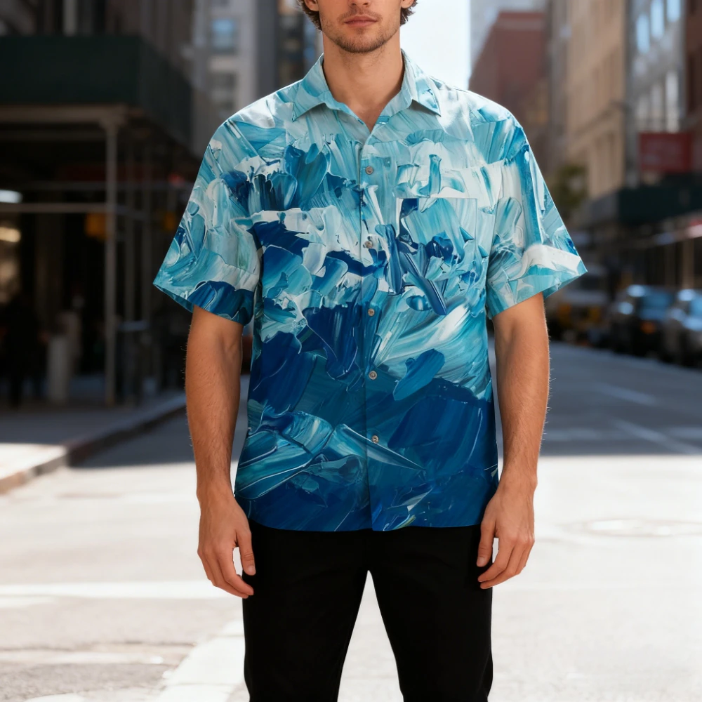 

Мужская гавайская рубашка с короткими рукавами, абстрактный художественный акварельный принт, отложной воротник, на пуговицах спереди, летняя пляжная повседневная одежда