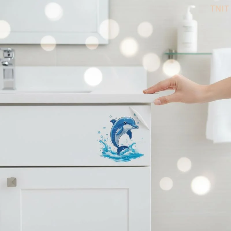 [J] Cute Cartoon Blue Dolphin Toilet Lid Sticker Waterproof Self Adhesive For Bathroom Home Decoration Easy Apply Remove