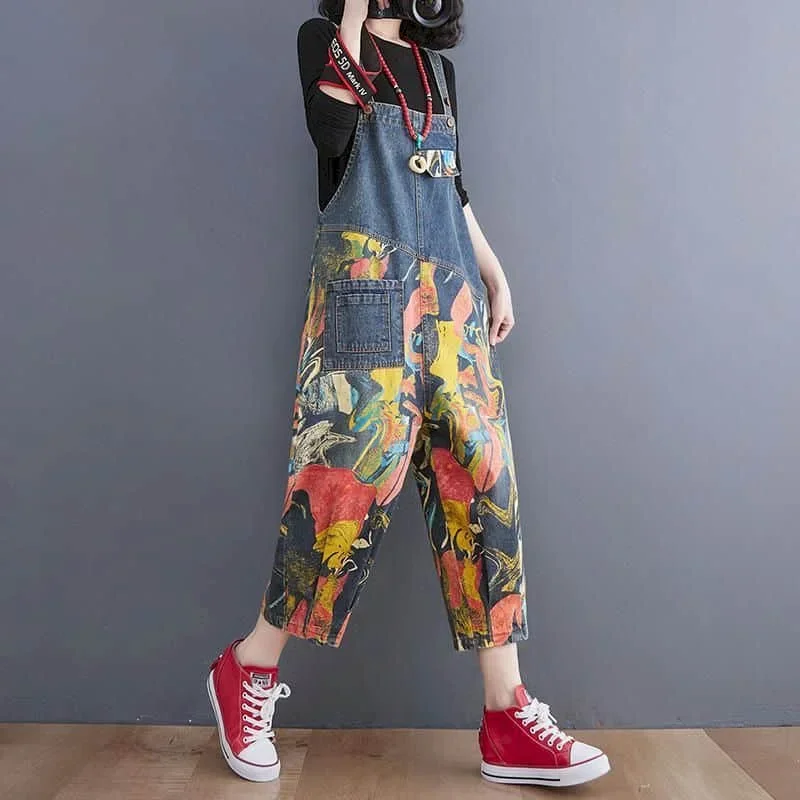 

Denim Jumpsuits Women Oversized Casual Printed One Piece Outfit Women Rompes Loose Korean Style Vintage Playsuits Women Clothing