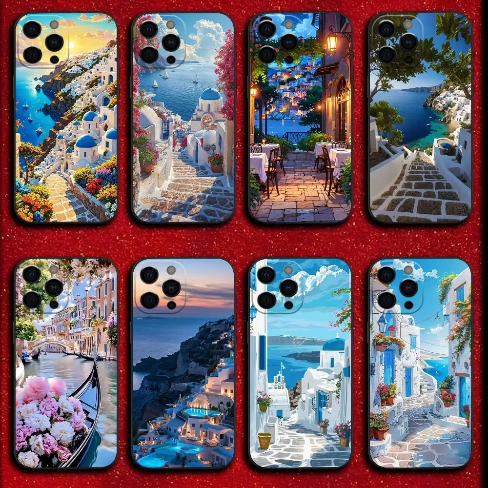 

Beautiful Santorini Greece Phone Case For iPhone 17,16,15,14,13,12,11,Pro,Max,Plus,E,SE4,Air,Mini Black Cover