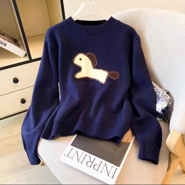 

Женский темно-синий пуловер, свитер, винтажный трикотаж 2000-х годов Y2k с круглым вырезом и длинными рукавами, жаккардовый свитер, осенняя одежда 2025